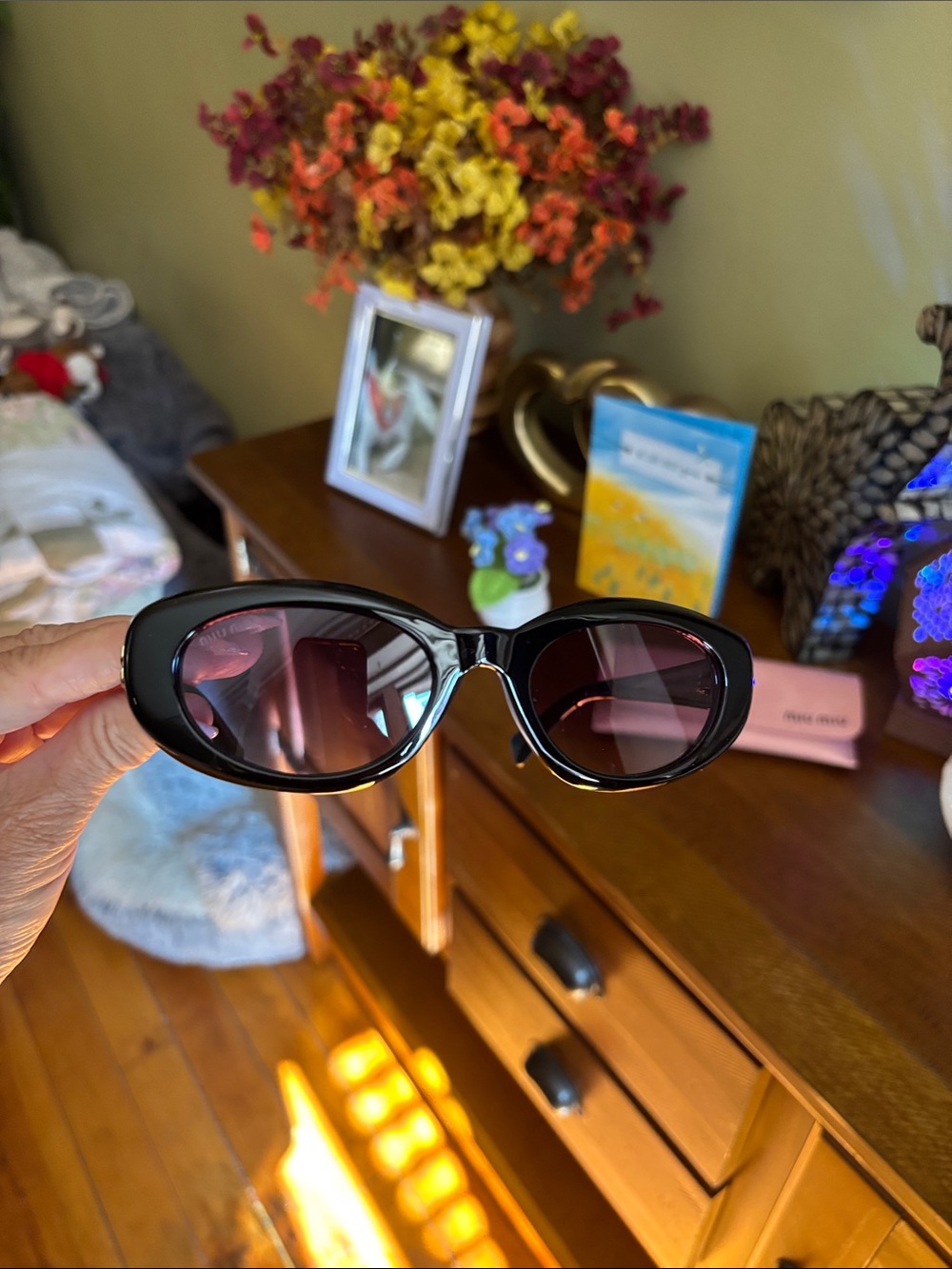 Miu Miu Black Oval Sunglasses with Pink Case - Picture 9 of 12